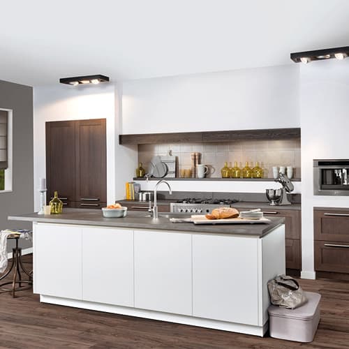 white and wood kitchen parallel