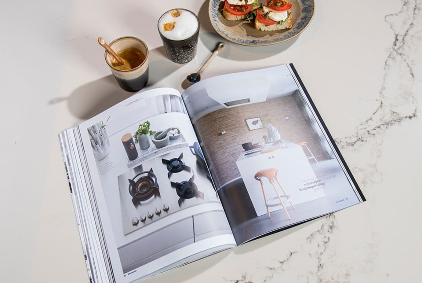 coffee and magazine on table